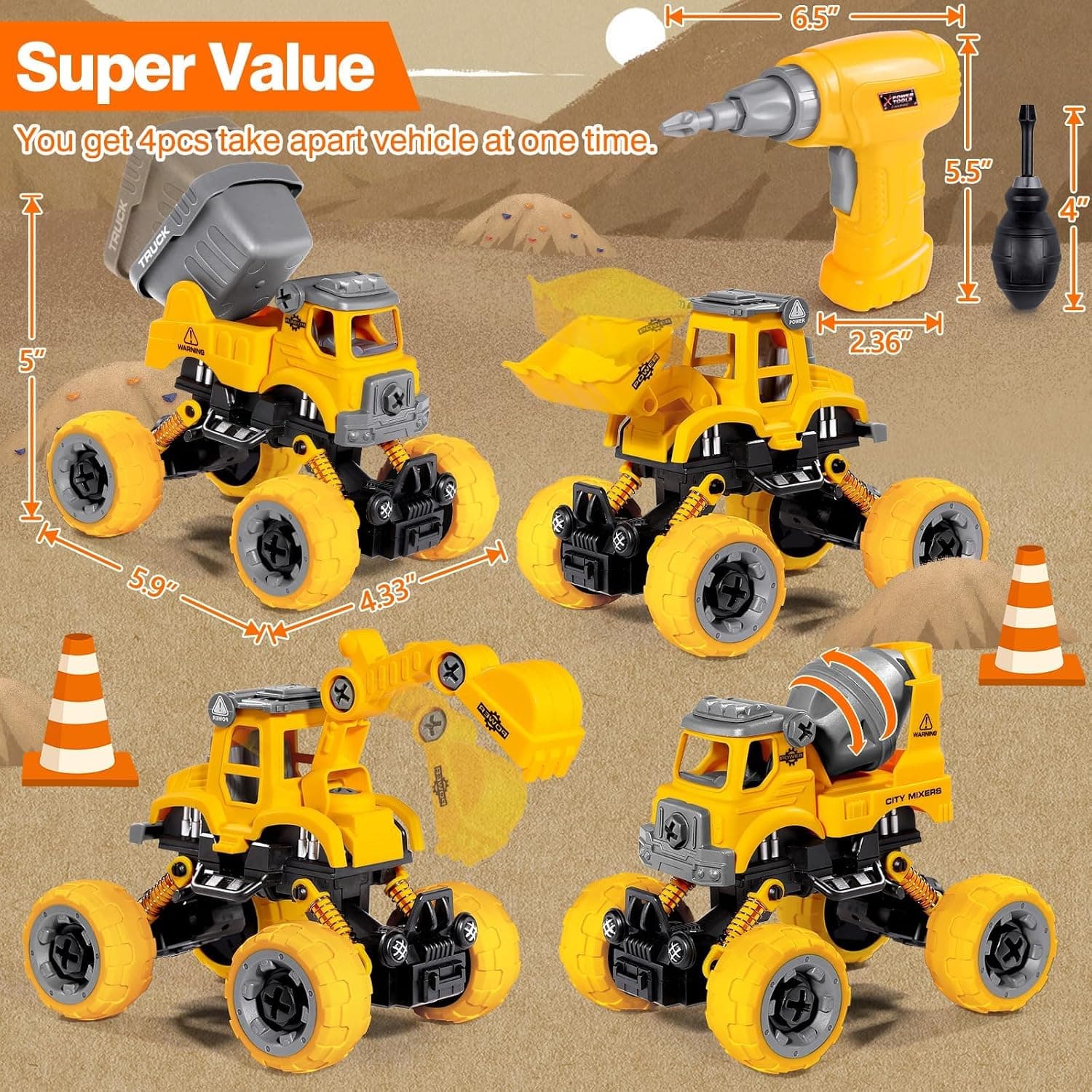 LUDILO 4PCS Take Apart Toys for 4 Year Old Boys Construction Toys with Electric Drill DIY Assembly Building Stem Toys Trucks
