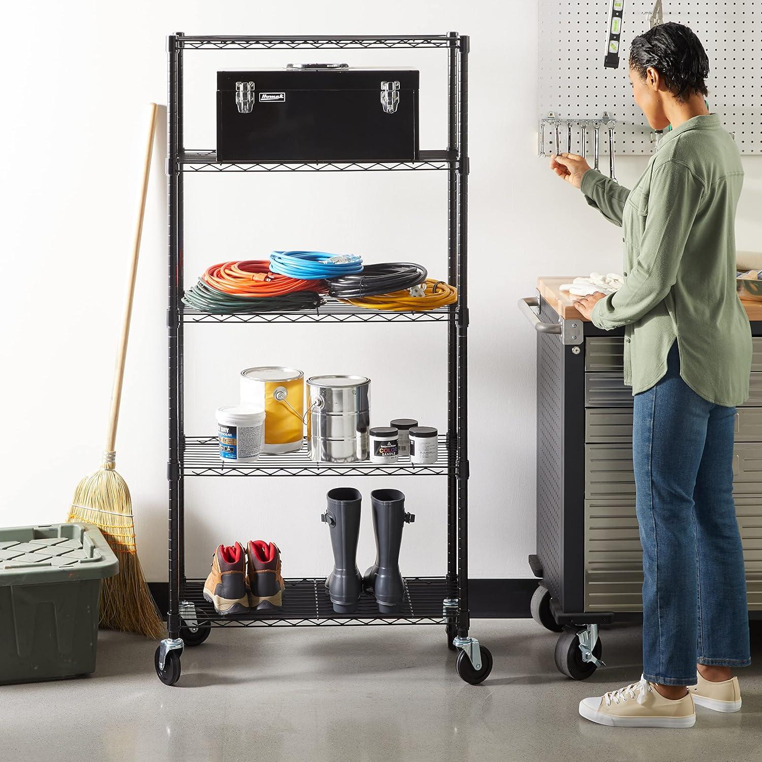 Amazon Basics 5-Shelf Adjustable, Heavy Duty Storage Shelving Unit on 4'' Wheel Casters, Metal Organizer Wire Rack