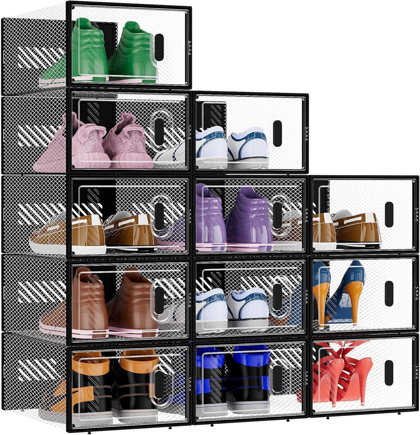BALEINE 12 Pack Stackable Shoe Storage Boxes Fit Size 9, Thickened Clear Shoe Box Bins with Lids