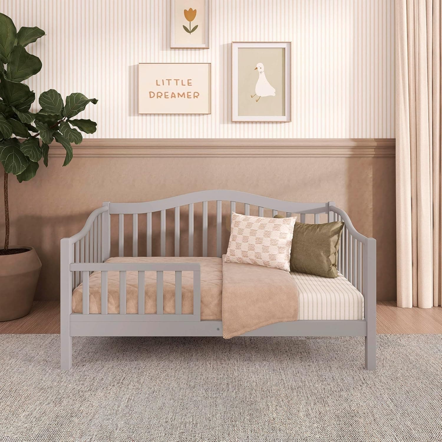 Dream On Me Austin Toddler Day Bed with Rails in Pebble Grey, Low to Floor Toddler Day Bed