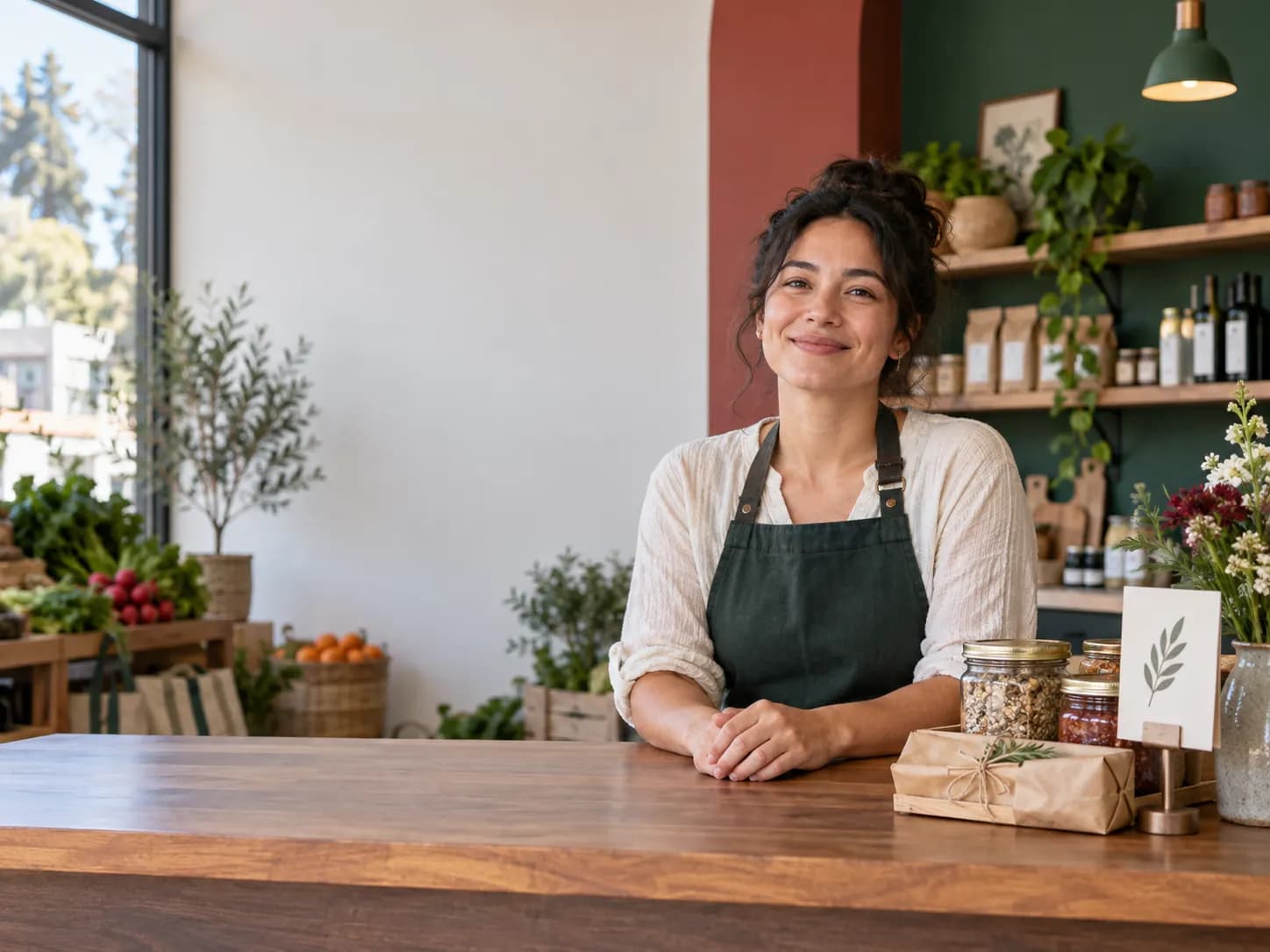 Independent local shop owner at a counter