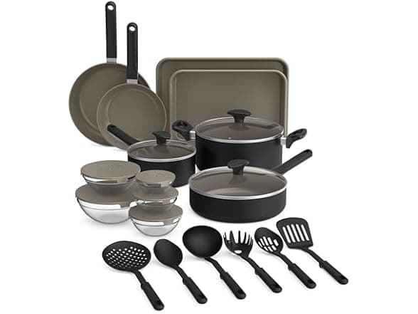 Set de Cocina BELLA de 21 Piezas con Recubrimiento Antiadherente Cerámico EverGood, Apto para Estufa, Horno y Lavavajillas, Asas Frías al Tacto y Tapas de Vidrio Templado, Negro.