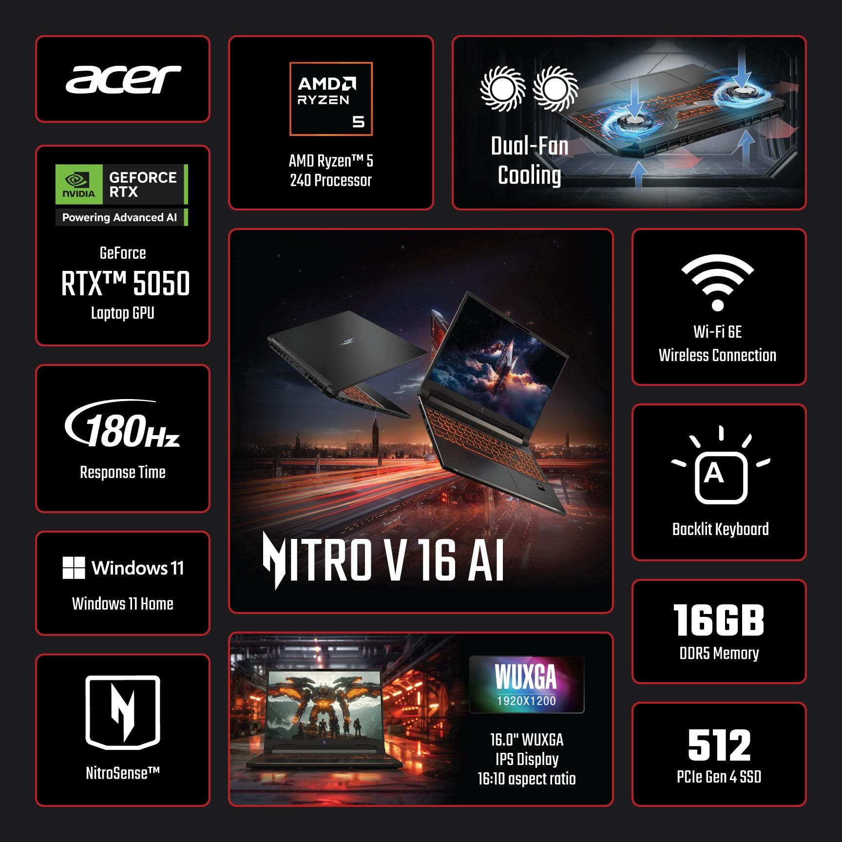 Acer Nitro V 16 AI 16” WUXGA IPS 180Hz Gaming Laptop, AMD Ryzen AI 5 240 Processor, NVIDIA GeForce RTX 5050 with 8GB GDDR7 VRAM, 16GB RAM, 512GB PCIe Gen 4 SSD, Obsidian Black