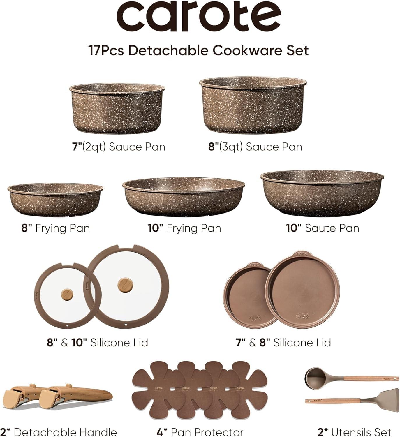 Carote 17-Piece Nonstick Cookware Set w/ Detachable Handles (Brown) for $69.99