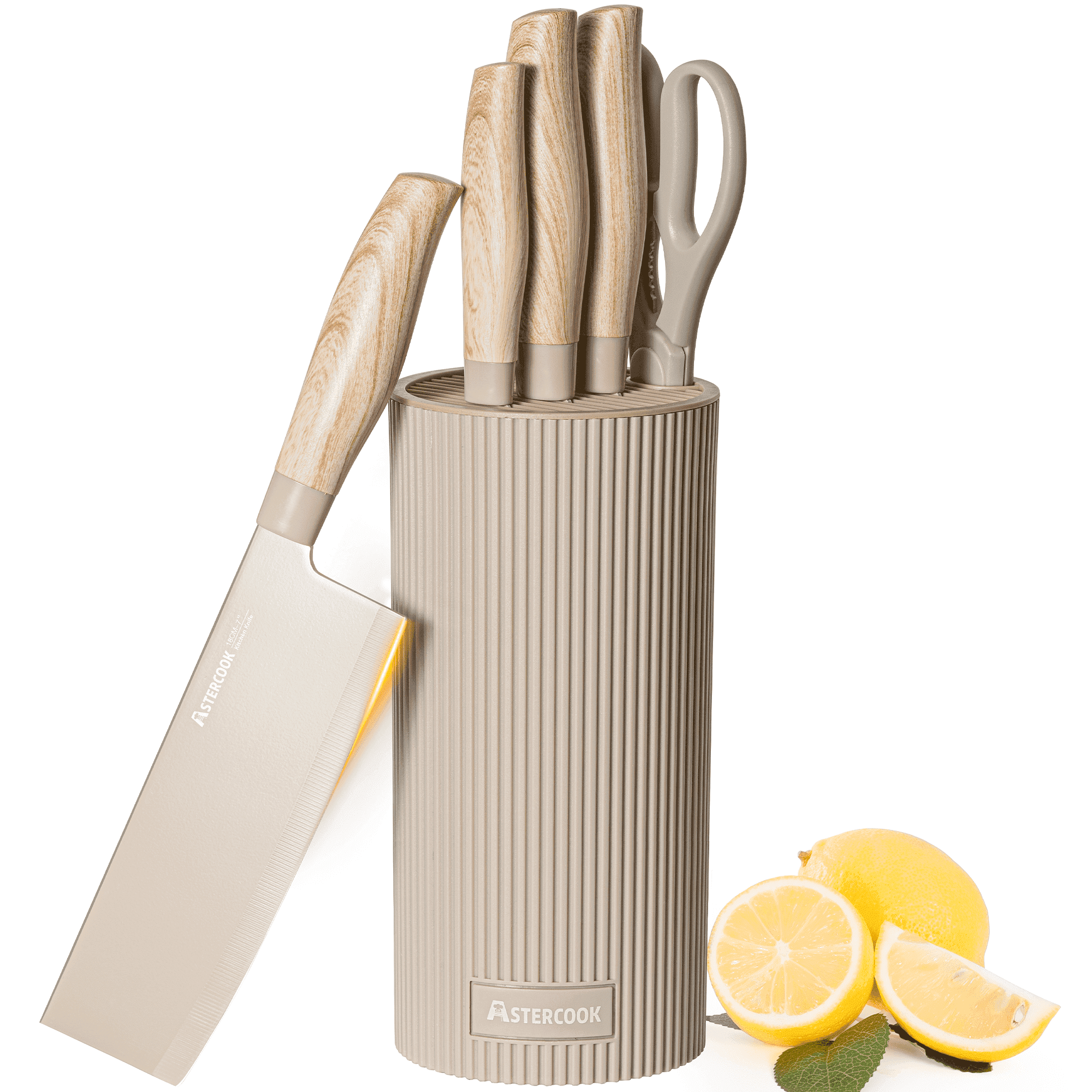 Astercook 6-Piece Kitchen Knife Set with Block (Beige or Black)