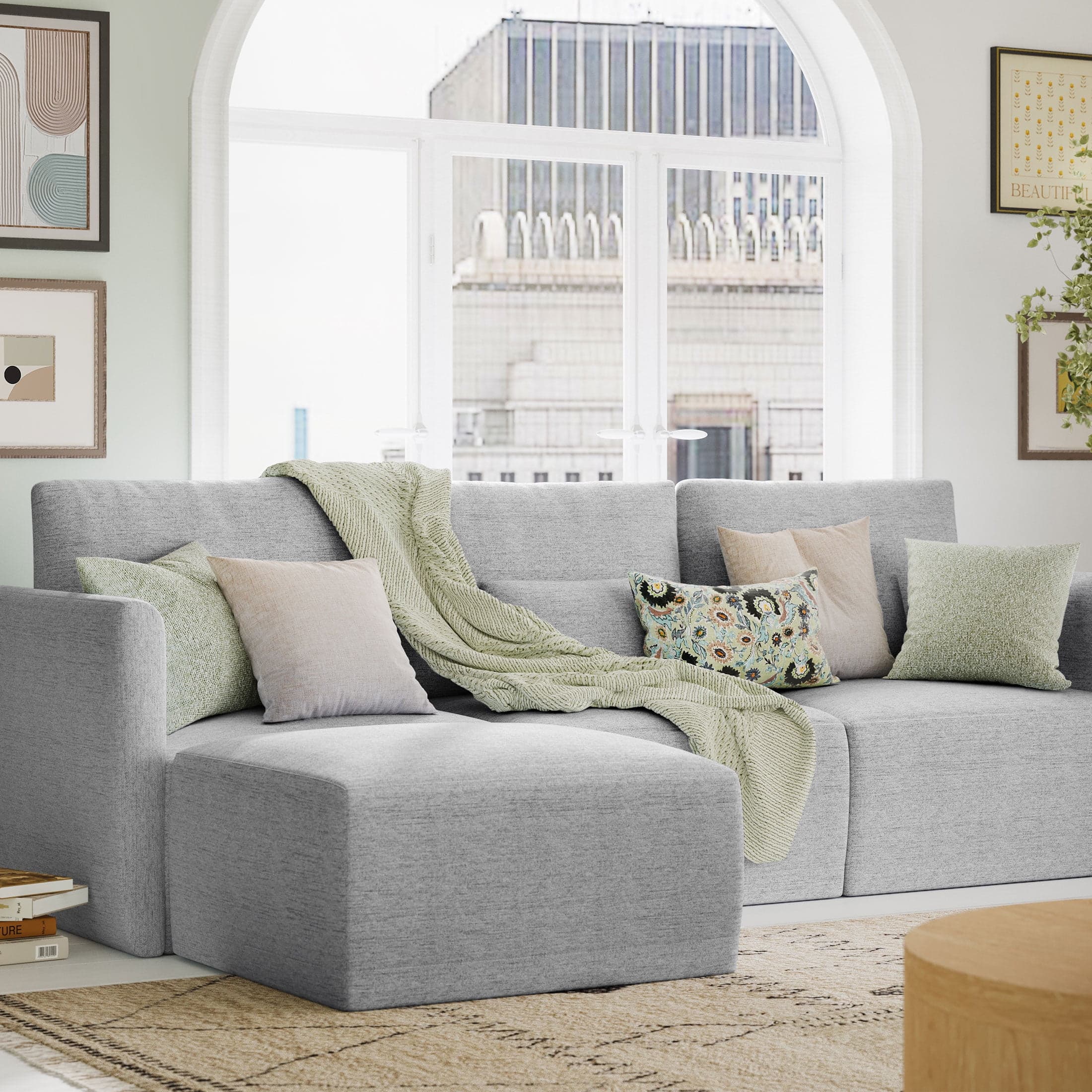 Beautiful Drew Modular Sectional Sofa with Ottoman by Drew Barrymore (Gray Fabric)