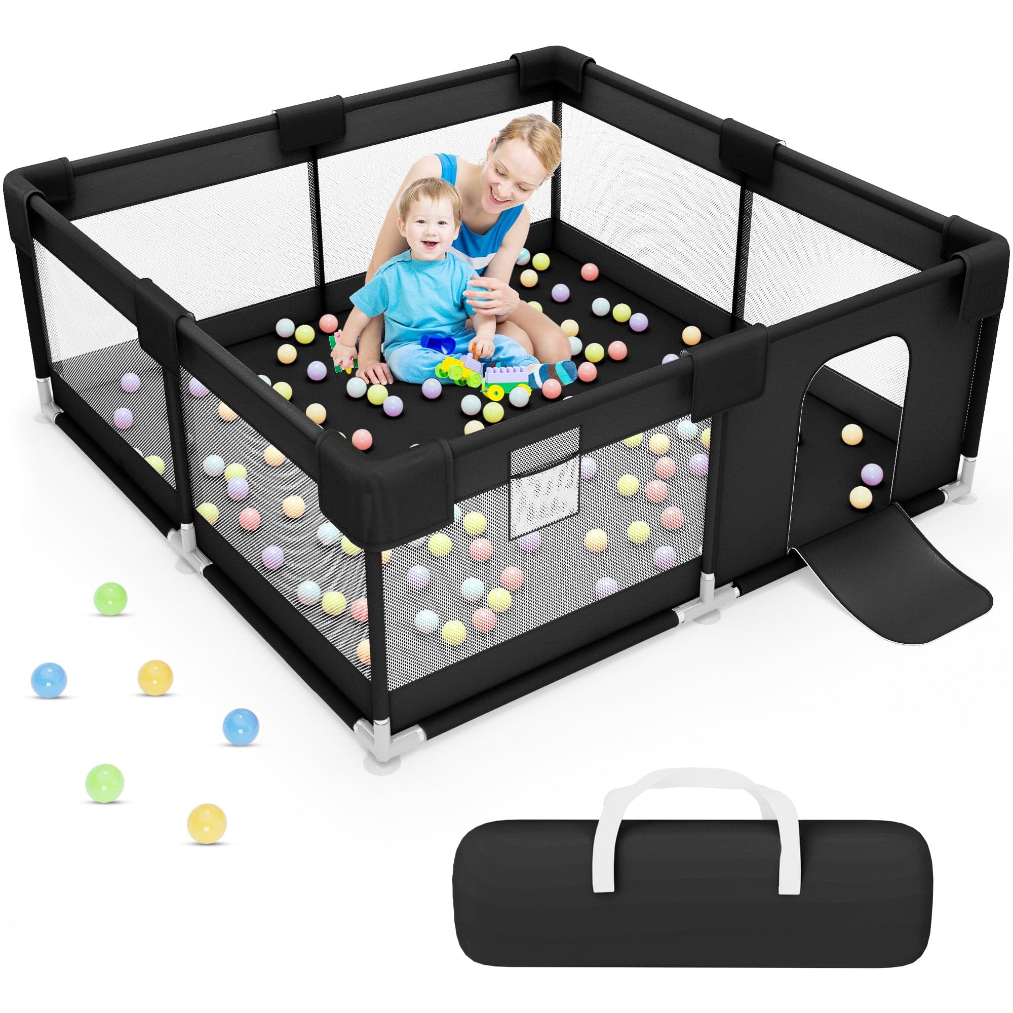 Corral de Juegos babyeap de 50x50 Pulgadas para Bebés y Niños Pequeños, con Malla Transpirable, Uso Interior y Exterior - Negro