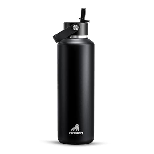 Botella de agua aislada POWCAN de 24 oz con popote: a prueba de fugas, mantiene frío 24h, ideal para portavasos (Negro)
