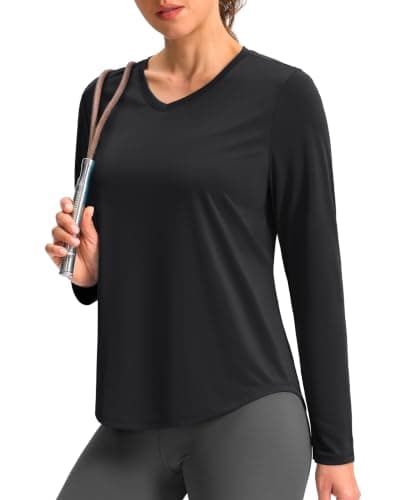 Long Sleeve Workout Tops for Women V Neck Dry Fit Shirts, Black, M