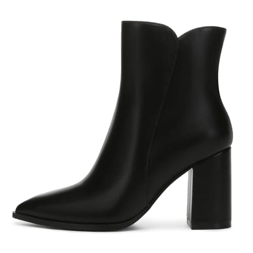 Athlefit Women's Chunky High Heel Pointed Toe Ankle Booties Black Size 7 | 3.4-Inches Block Heel, Fall Winter Short Dress Boots With Side Zipper, Ideal for Daily Wear, Outdoor Walking