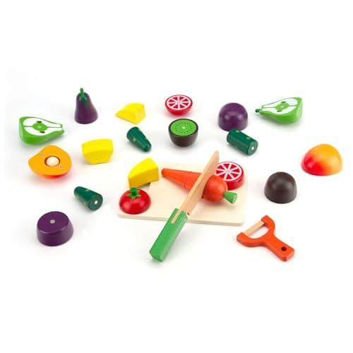 Wooden Play Food for Kids Kitchen, Fruit & Veggies Cutting Set for Toddlers