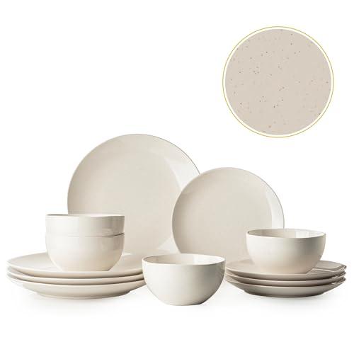 Dafuceramic Plates and Bowls Sets, 12 Pieces Modern Stoneware Dinnerware Set for 4 Kitchen Dinner Set Ceramic Dishware Dishes Set Microwave and Dishwasher Safe (White)