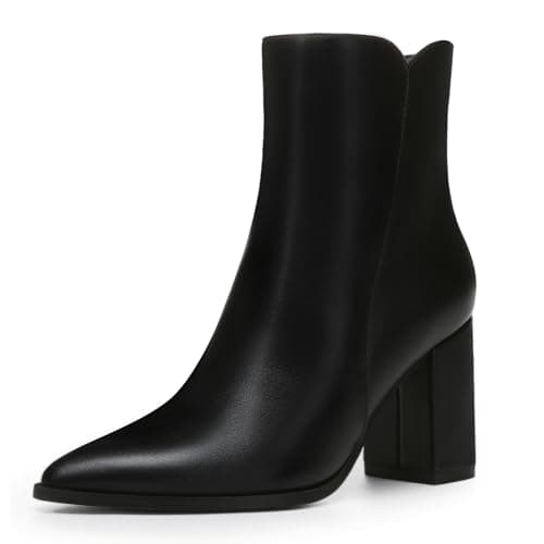 Athlefit Women's Chunky High Heel Pointed Toe Ankle Booties Black Size 7 | 3.4-Inches Block Heel, Fall Winter Short Dress Boots With Side Zipper, Ideal for Daily Wear, Outdoor Walking