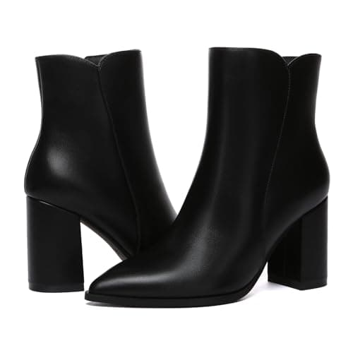 Athlefit Women's Chunky High Heel Pointed Toe Ankle Booties Black Size 7 | 3.4-Inches Block Heel, Fall Winter Short Dress Boots With Side Zipper, Ideal for Daily Wear, Outdoor Walking