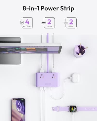 NTONPOWER Purple Power Strip, 25W Max 8-in-1 with 4 AC, 4 USB(2 USB C) 10ft Flat Extension Cord, Power Strip with USB Ports, Outlet Extender for Home Office, School Dorm Room Essentials