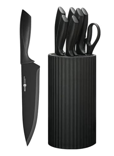 NULAS 8-Piece Kitchen Knife Set with Block, Dishwasher Safe, Black | 6 Versatile Blades, Kitchen Shears, Universal storage, Rust-resistant Finish and Ergonomic Handles