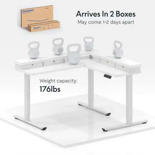 FLEXISPOT Escritorio Eléctrico Ajustable en L de 71" con Estante y Cajones, Blanco