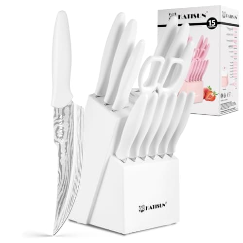 KATISUN Knife Set - 15 PCS Kitchen Knife Set with Built-in Sharpener Block, German Precision Forged Stainless Steel Blades, Ergonomic Handles, Dishwasher Safe, White