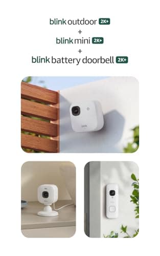Blink Outdoor 2K+, Mini 2K+ y Timbre con Batería 2K+ (Modelo Más Nuevo) – Seguridad 2K Completa, Batería Duradera. Sync Module Core Incluido – 2 Cámaras + Timbre (Blanco)