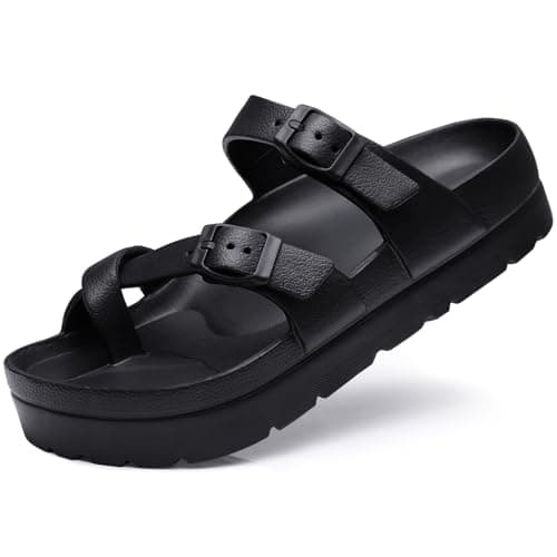 Goosecret Women's Platform Sandals with Arch Support Comfortable Foam Slides Summer Beach Sandals with Adjustable Buckle Black, 36