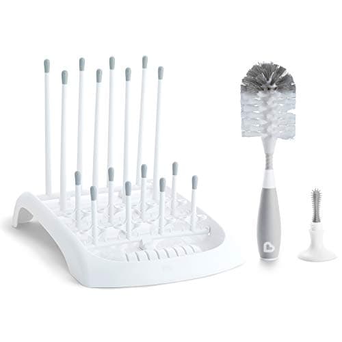 Set Esencial Munchkin para Biberones: Escurridor Plegable y Cepillo Limpiador (Blanco/Gris)