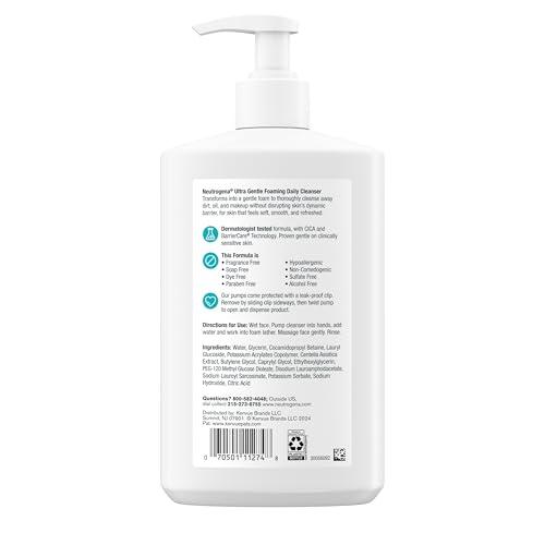 Neutrogena Ultra Gentle Foaming Facial Cleanser, Fragrance Free Hydrating Face Wash for Sensitive Skin, Daily Non Over Drying Makeup Remover, Hypoallergenic, Soap & Dye Free, Non-C