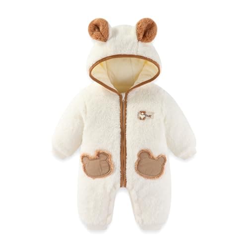 JiAmy Baby Fleece Snowsuit Newborn Hooded Winter Outfits Infant Boys Girls Hooded Zipper Jumpsuit Romper White 0-3 Months