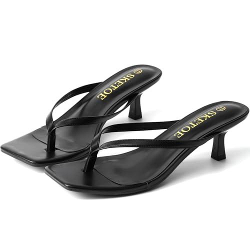 Sandalias SKETOE Tacón Bajo Punta Cuadrada Tipo Chancla Negras para Mujer
