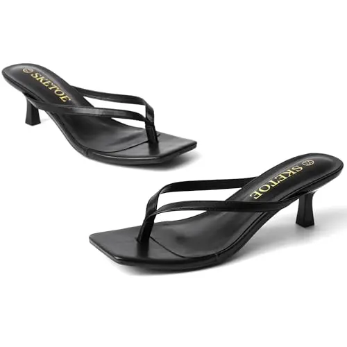 Sandalias SKETOE Tacón Bajo Punta Cuadrada Tipo Chancla Negras para Mujer