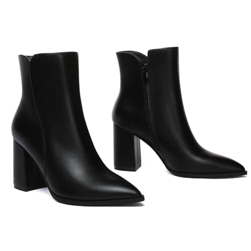 Athlefit Women's Chunky High Heel Pointed Toe Ankle Booties Black Size 7 | 3.4-Inches Block Heel, Fall Winter Short Dress Boots With Side Zipper, Ideal for Daily Wear, Outdoor Walking