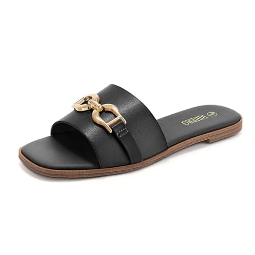 Rihero Women's Slide Sandals Open Toe Buckle Flat Black Sandals Size 7