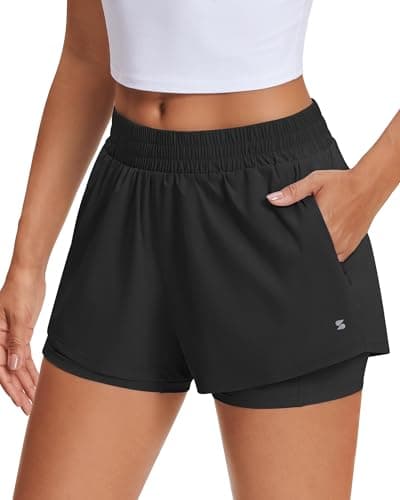 Stelle Women's 2 in 1 Running Shorts Athletic Workout Gym Shorts High Waisted Shorts with Liner Zipper Pockets (Black, Large)