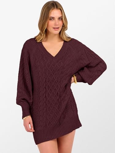 ANRABESS Women Sweater Dress Oversized V Neck Cable Knit Fall Long Sleeve