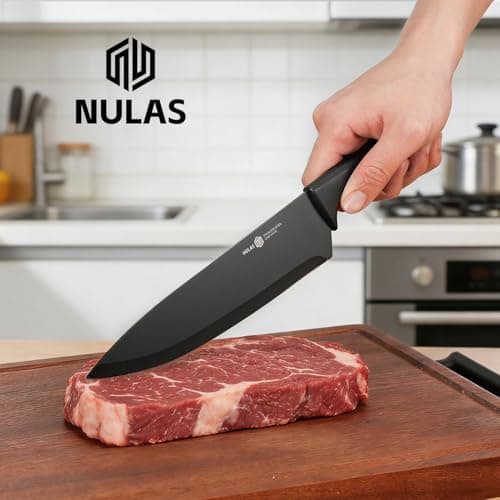 NULAS 8-Piece Kitchen Knife Set with Block, Dishwasher Safe, Black | 6 Versatile Blades, Kitchen Shears, Universal storage, Rust-resistant Finish and Ergonomic Handles