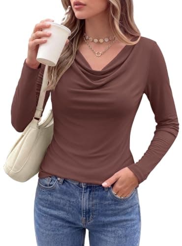 Top PRETTYGARDEN de Manga Larga con Cuello Drapeado para Mujer, Color Café