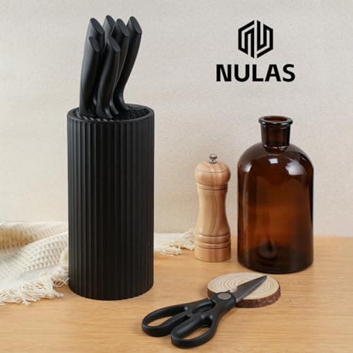 NULAS 8-Piece Kitchen Knife Set with Block, Dishwasher Safe, Black | 6 Versatile Blades, Kitchen Shears, Universal storage, Rust-resistant Finish and Ergonomic Handles