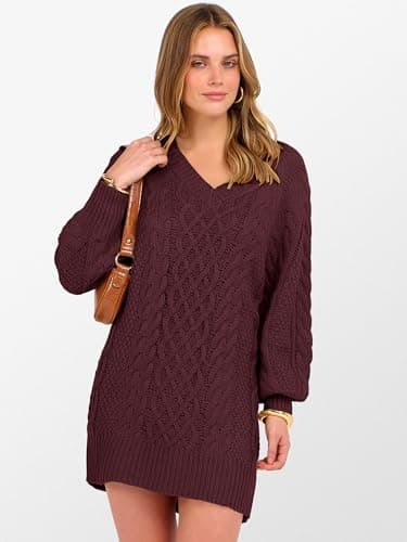 ANRABESS Women Sweater Dress Oversized V Neck Cable Knit Fall Long Sleeve