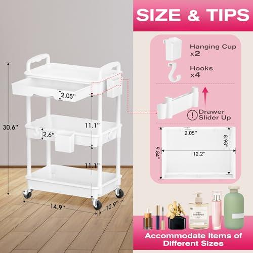 Goovilla Rolling Makeup Organizer Cart with Removable Drawer, 3 Tier Stable White Floor Skincare Storage Cart for Vanity, Cosmetic Display, Nail Polish, Perfume, Hair Stuff, Beauty