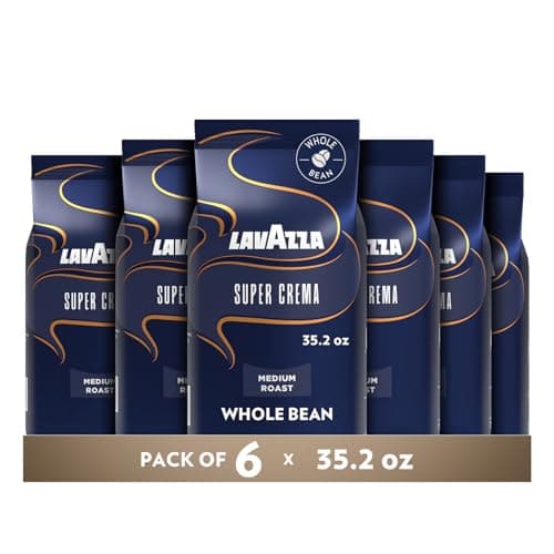 Lavazza Super Crema Café en Grano Entero, Tueste Medio Espresso, Mezcla Arábica y Robusta, 6 Bolsas de 2.2 lb