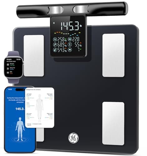 GE Smart Scale for Body Weight: 8-Electrode Body Pod Fat Monitor with Full Body Composition Analysis, Bluetooth App Sync, Large Handle Display, 400lb Capacity Bathroom Scale for Ho