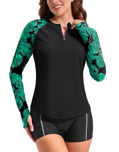 Viodia Womens Swim Shirt UPF50+ Rash Guard Long Sleeve Swimsuit Top Sun Protection Shirts Bathing Suit with Zipper Black Leaf XS