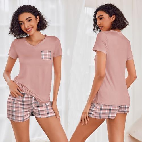 Pijama Ekouaer para Mujer: Manga Corta, Cuello V, Cuadros Rosas