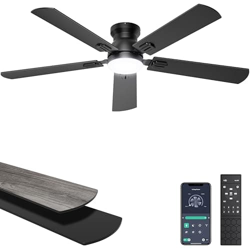 Ohniyou Ceiling Fans with Lights, 52 Inch Low Profile Ceiling Fan with Light and Remote/APP Control, Flush Mount, Dimmable, Quiet DC Motor, Black Ceiling Fan for Bedroom, Living Ro