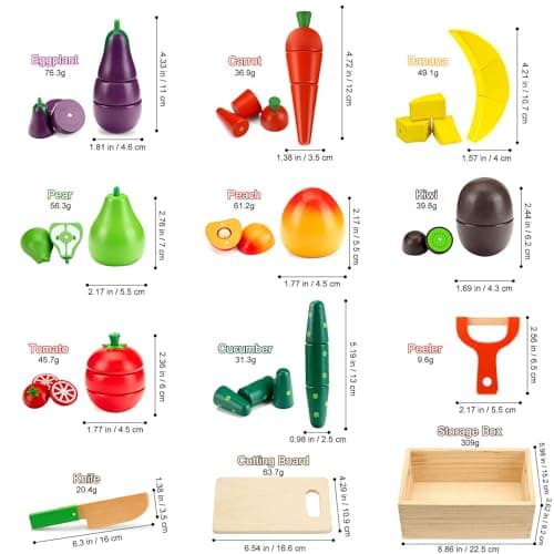 Wooden Play Food for Kids Kitchen, Fruit & Veggies Cutting Set for Toddlers