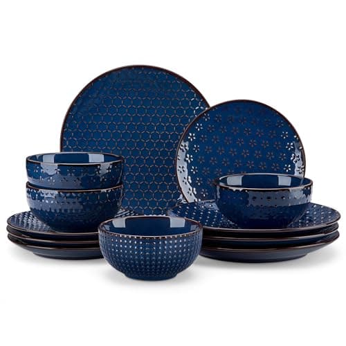 MALACASA 12 Pieces Dinnerware Sets, Modern Plates and Bowls Sets, Blue Dish Set for 4, Kitchen Ceramic Dinner Plates Dishware Set, Microwave and Dishwasher Safe, Series LYDIA