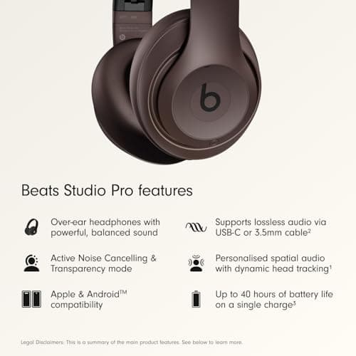 Beats Studio Pro Premium Wireless Over-Ear Headphones- Up to 40-Hour Battery Life, Active Noise Cancelling, Great for Travel & Commuting, USB-C Lossless Audio, Apple & Android Compatible - Deep Brown