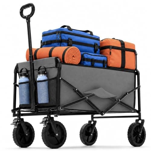 DUMOS Collapsible Wagon Cart, Heavy Duty Foldable Utility Wagon with Lockable Brake Wheels – 330 lbs Capacity, Flexible Handle for Beach, Garden, Sports, Grocery & Camping, Gray