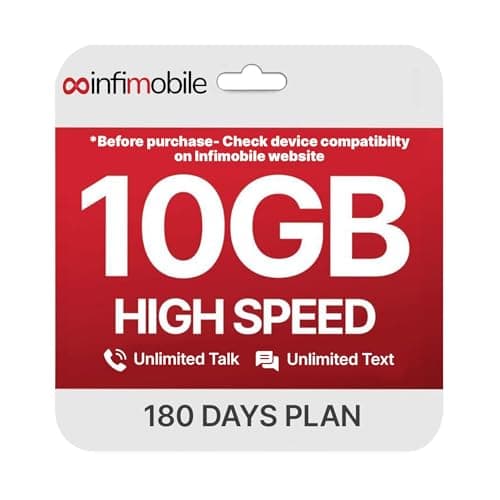 Infimobile Prepaid Unlimited Plan: 6 Months | 10GB High-Speed Data Per Month | Unlimited Data Talk & Text | Prepaid Plan Service SIM Card | Nationwide Coverage | 4G,