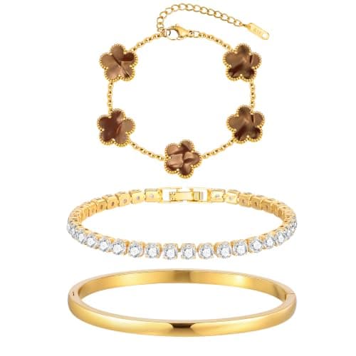 Set de 3 Pulseras KSF Apilables con Flores y Chapa de Oro 18K