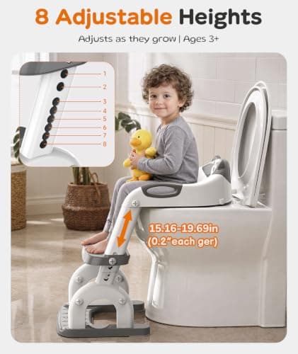 WHFIFHD Potty Training Toilet with Step Stool: 8 Heights for Toddler 2-in-1 | Potty Training Seat - for Kids Boys Girls, Adjustable Height with Splash Guard Soft Cushion Holds 200+ lbs Non Slip Foldab
